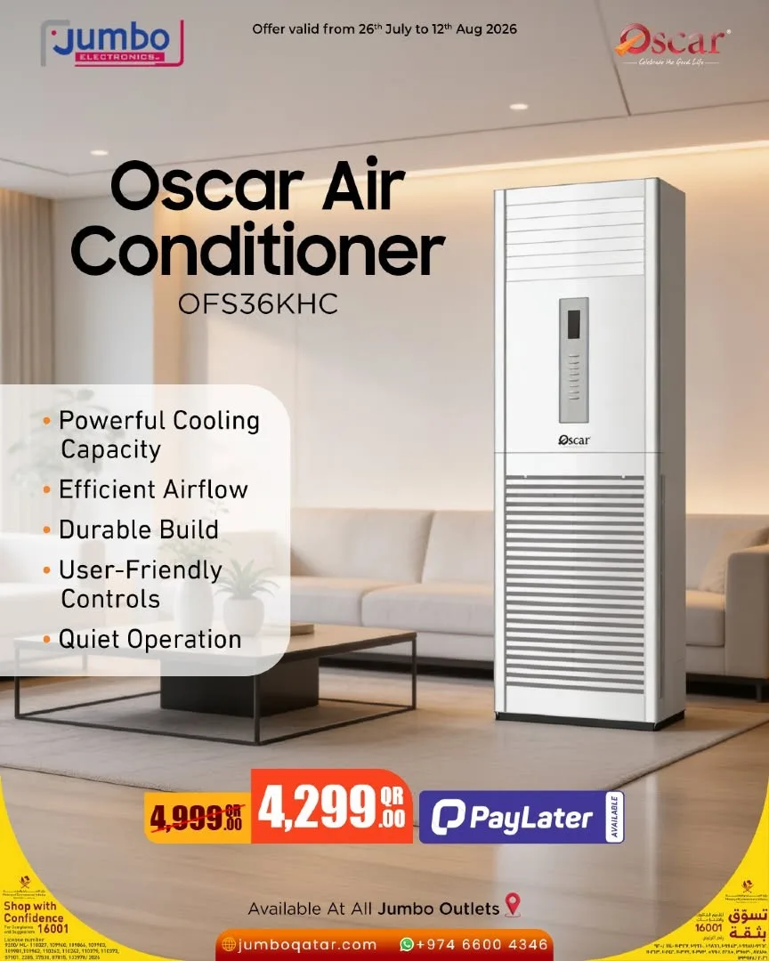 Oscar Air Conditioners Offers from Jumbo Electronics until 12th August - Jumbo Electronics Qatar Offers & Promotions — page 1